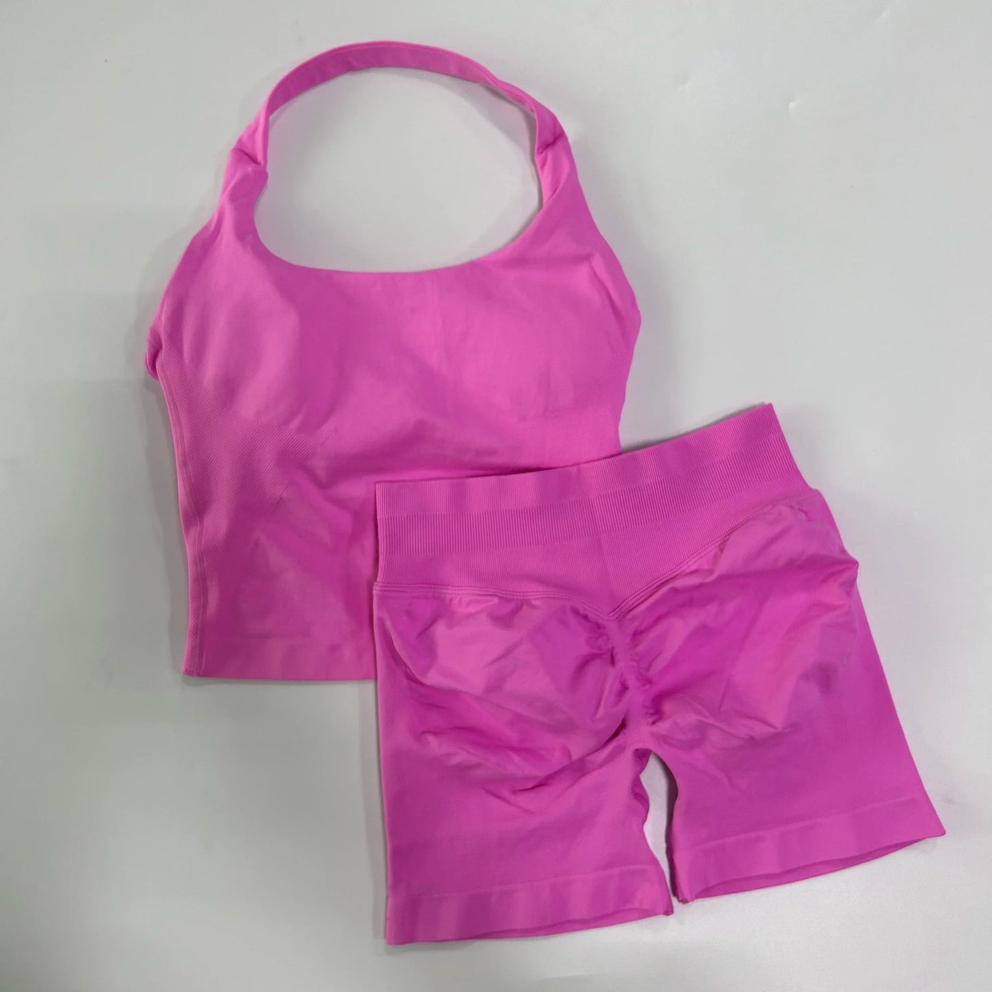Yoga 2 Piece Gym Set For Women Backless Halter Top And High Waist Shorts