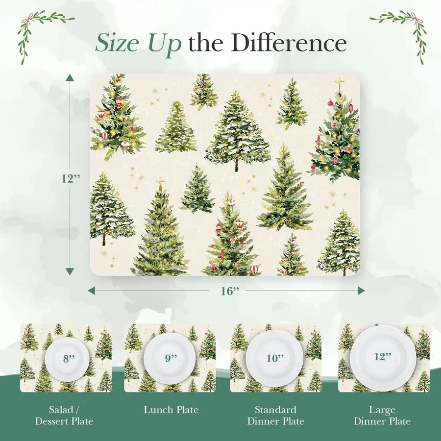 Placemats Set of 6 Matching Coasters I Heat Resistant Place Mats for Dining Table 16 x 12, Cork Backed, Wipeable Xmas Trees