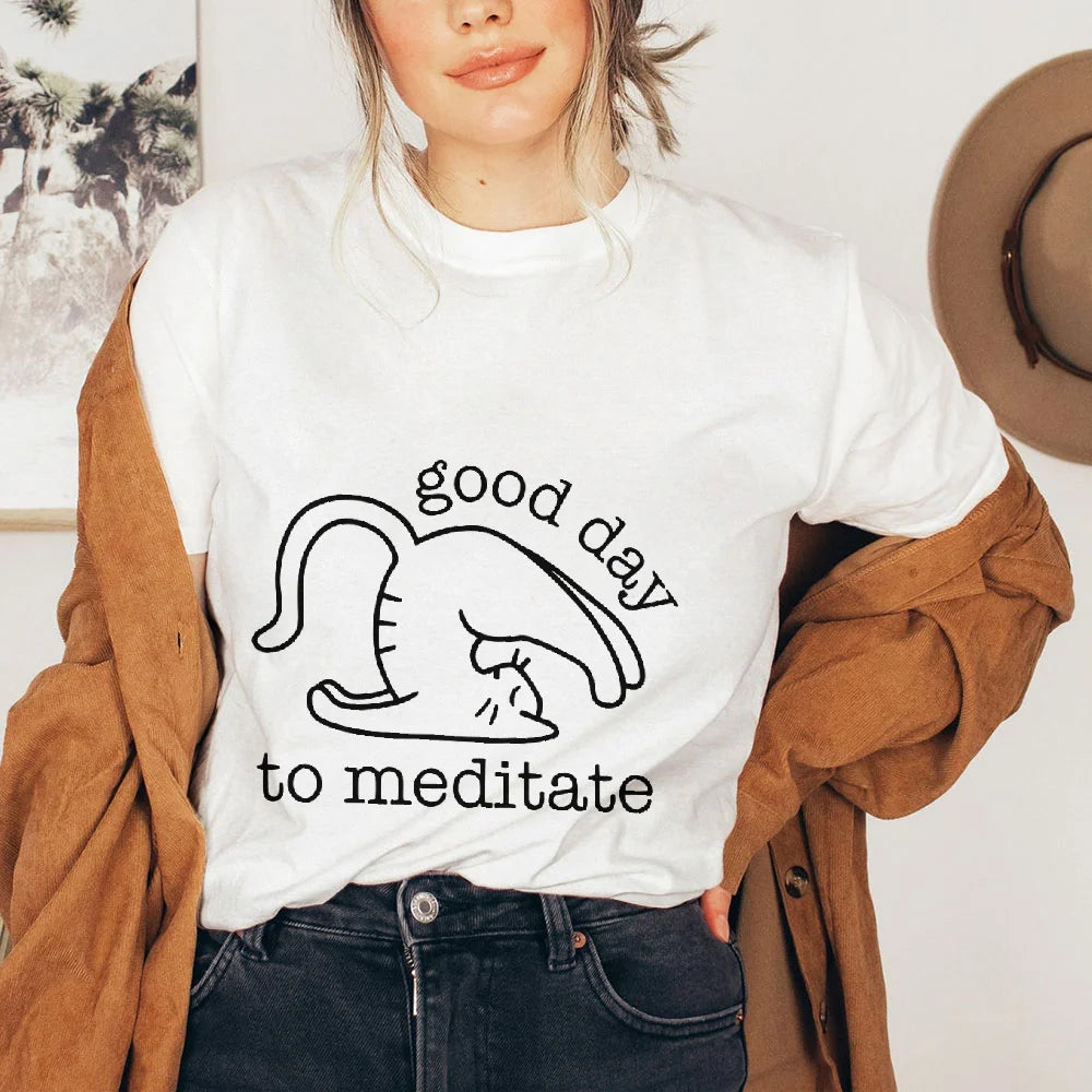 Funny Yoga Cat Yoga High Quality Cotton Harajuku T Shirt Tops Woman Kawaii Adult Tee Tops Tee Shirt Cute Cats Do Yoga Printed