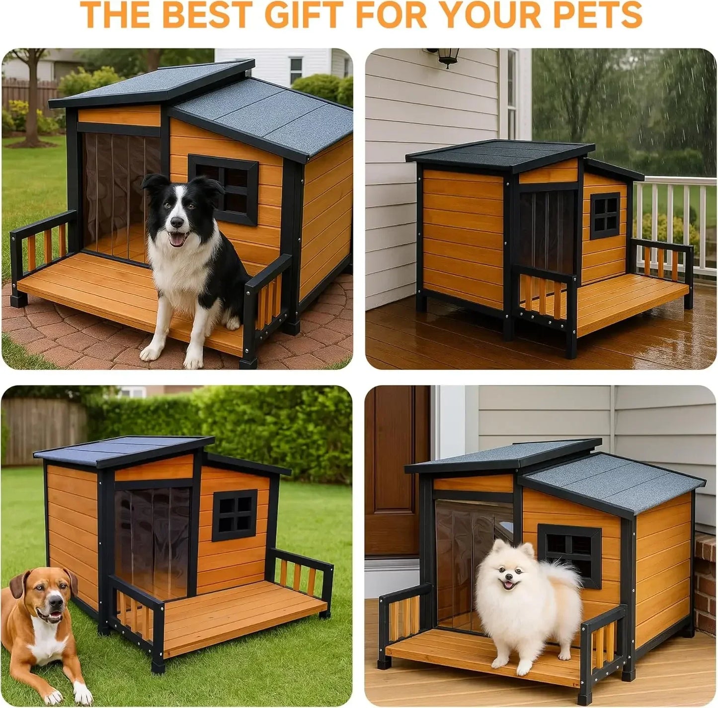 Insulated Wood Dog House Outdoor Shelter Weatherproof Asphalt Roof