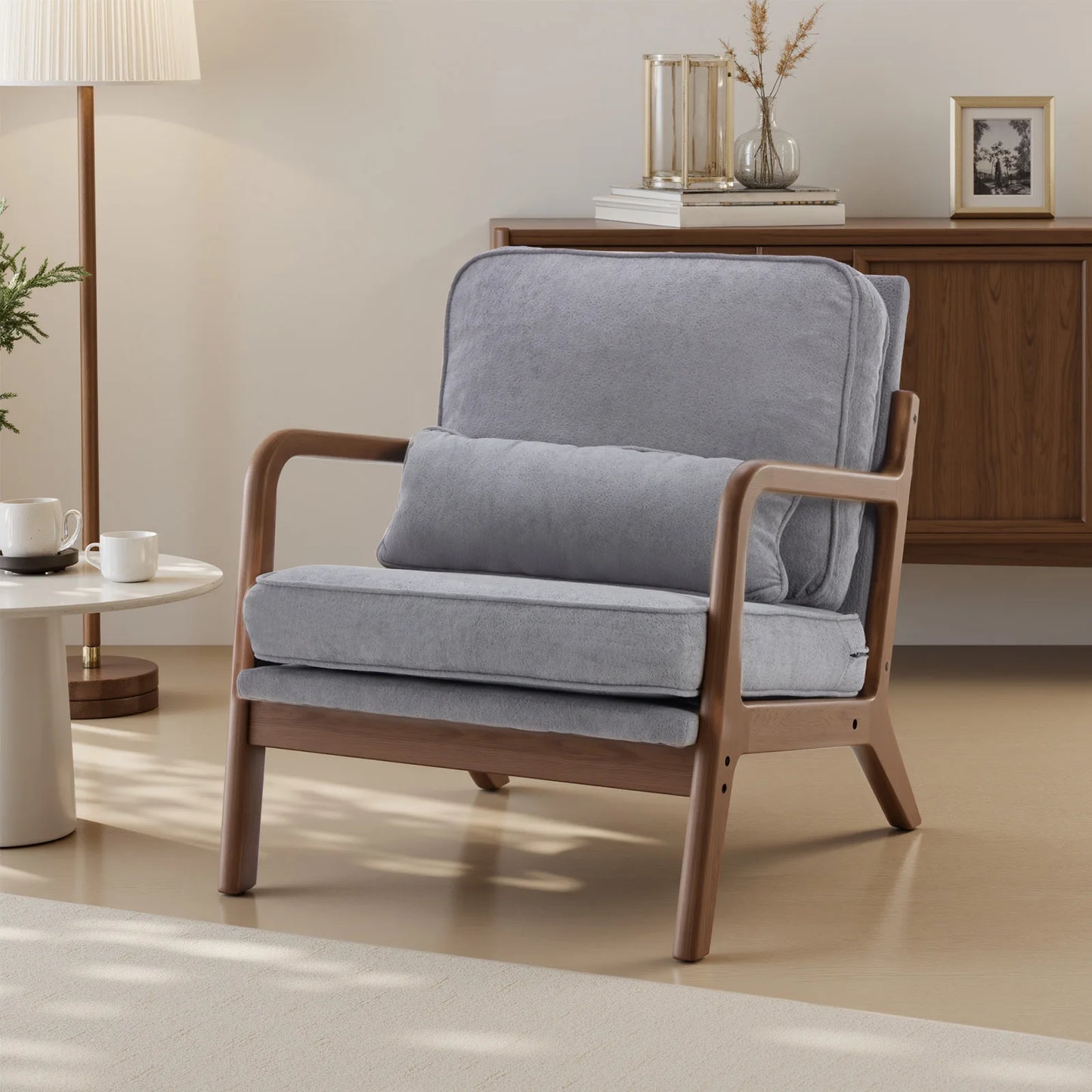JHK Mid Century Modern Wood Frame Accent Chair With Armrests