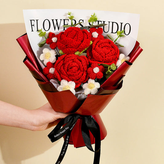 Handmade Crochet Red Rose Flowers Bouquet, Crochet Flower Bouquets for Mother's Day, Valentine's Day, Anniversary, Birthday