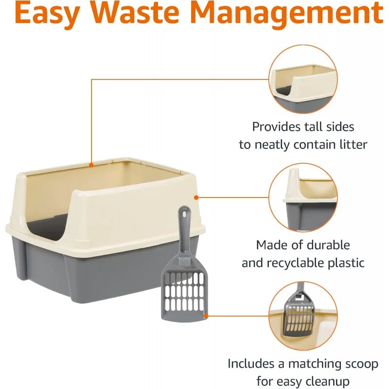 Cat Litter Box With High Sides Open Top And Scoop