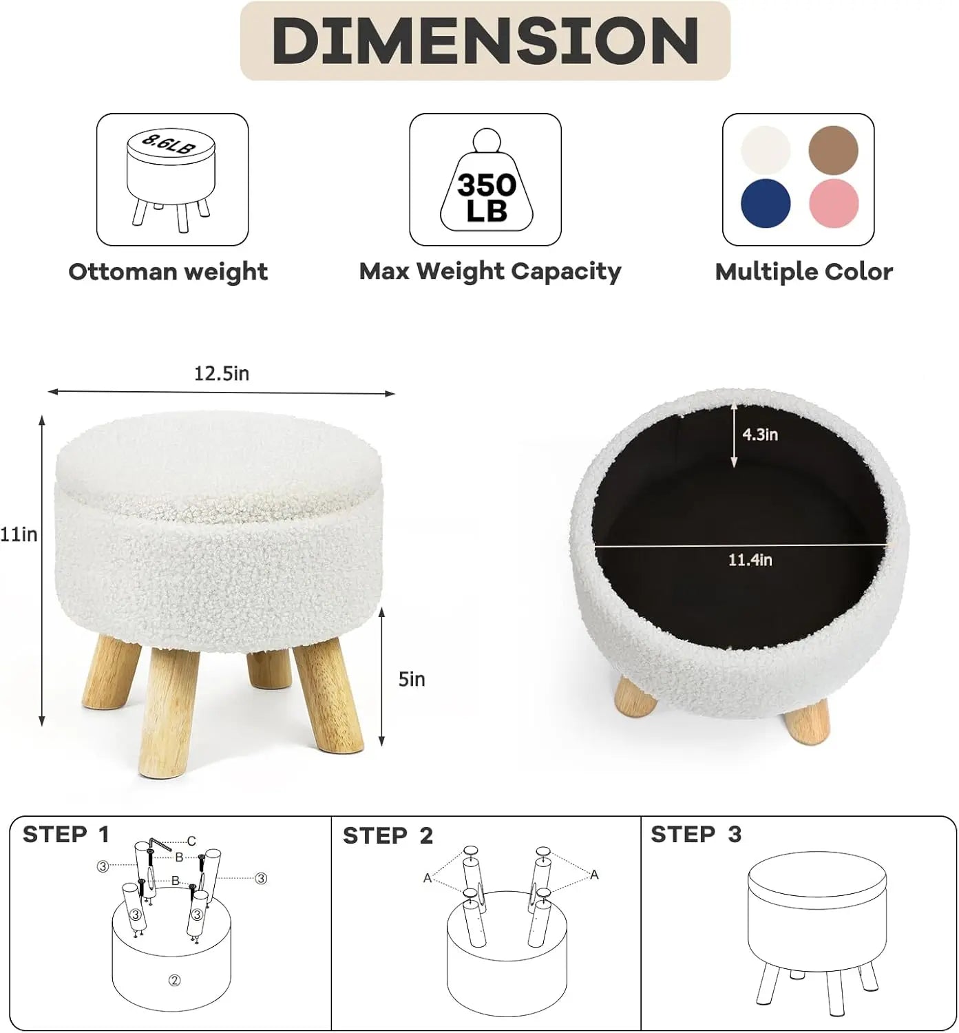 Ottoman Foot Rest, Small Round Ottoman with Storage, Boucle Teddy Velvet Footstool with Wood Legs, Soft Sponge Storage