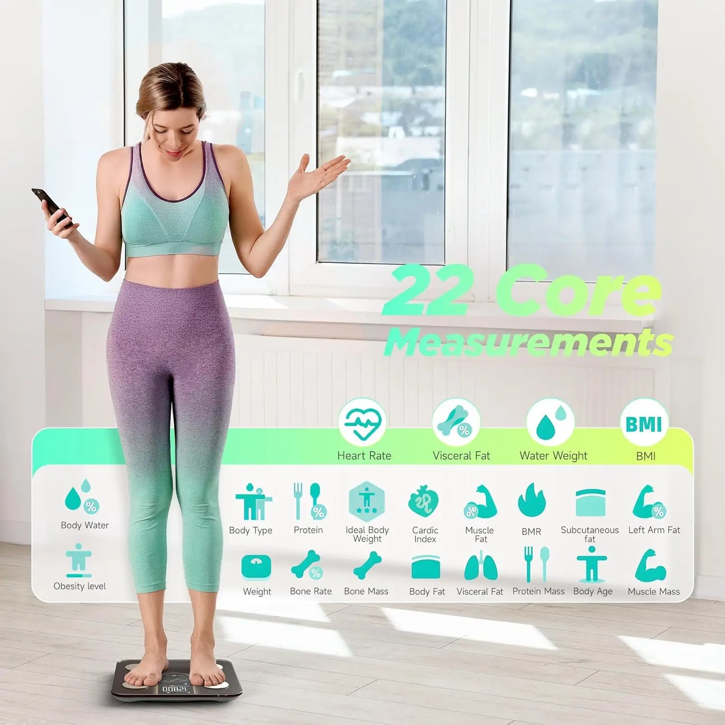 Smart Scale with 8-in-1 VA Display, High Precision Bathroom Digital Scale for Body Weight Heart Rate BMI Body Fat Sync APP