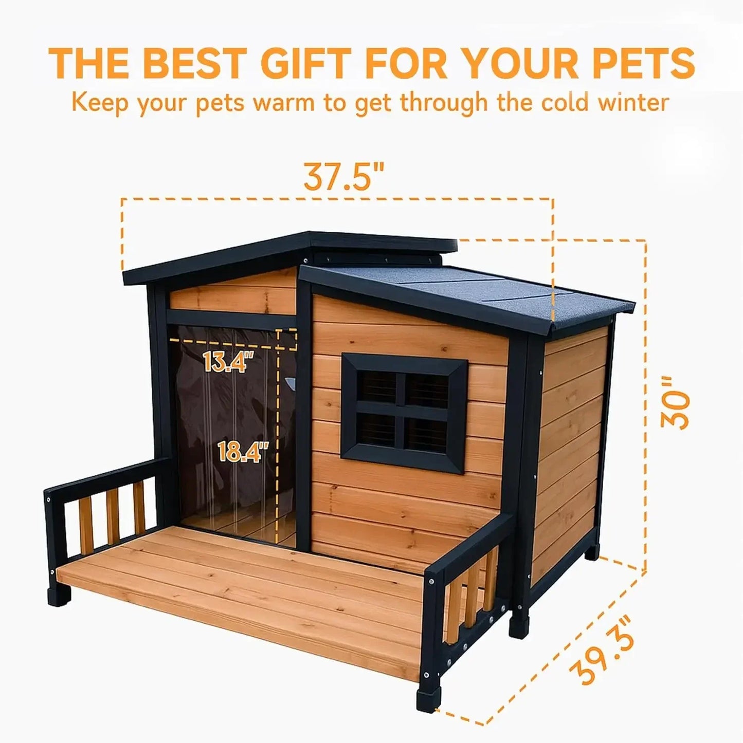 Insulated Wood Dog House Outdoor Shelter Weatherproof Asphalt Roof