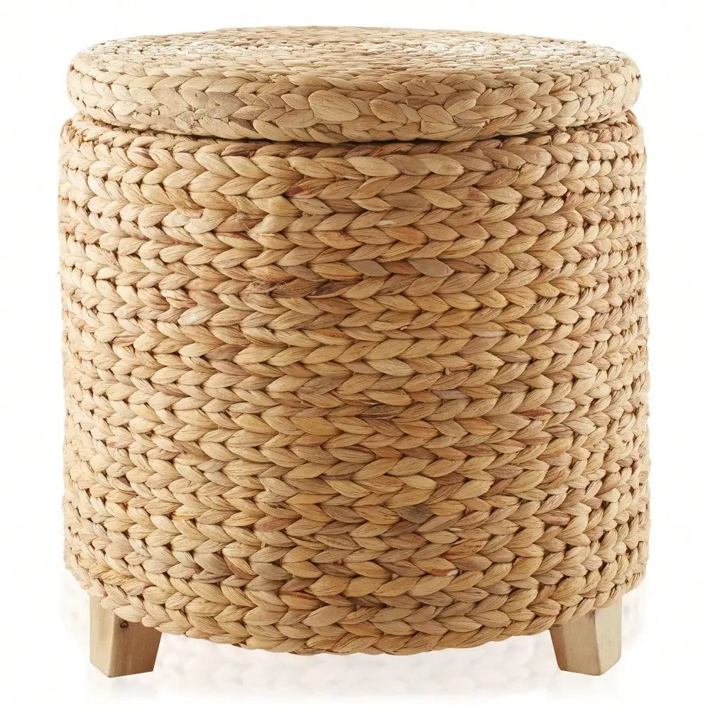Round Storage Ottoman With Lid Handwoven Water Hyacinth Footstool Living Room