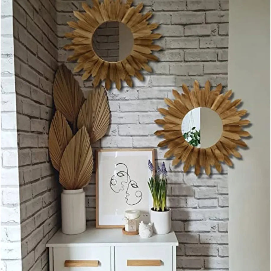 Boho Wall Sunburst Mirror 2 Pack Rustic Wood Decor