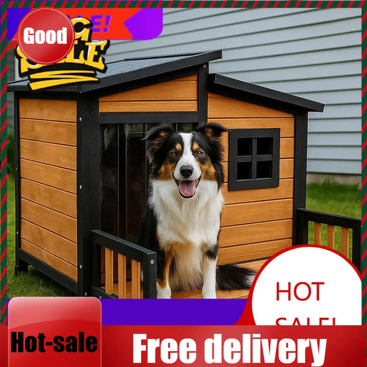 Insulated Wood Dog House Outdoor Shelter Weatherproof Asphalt Roof