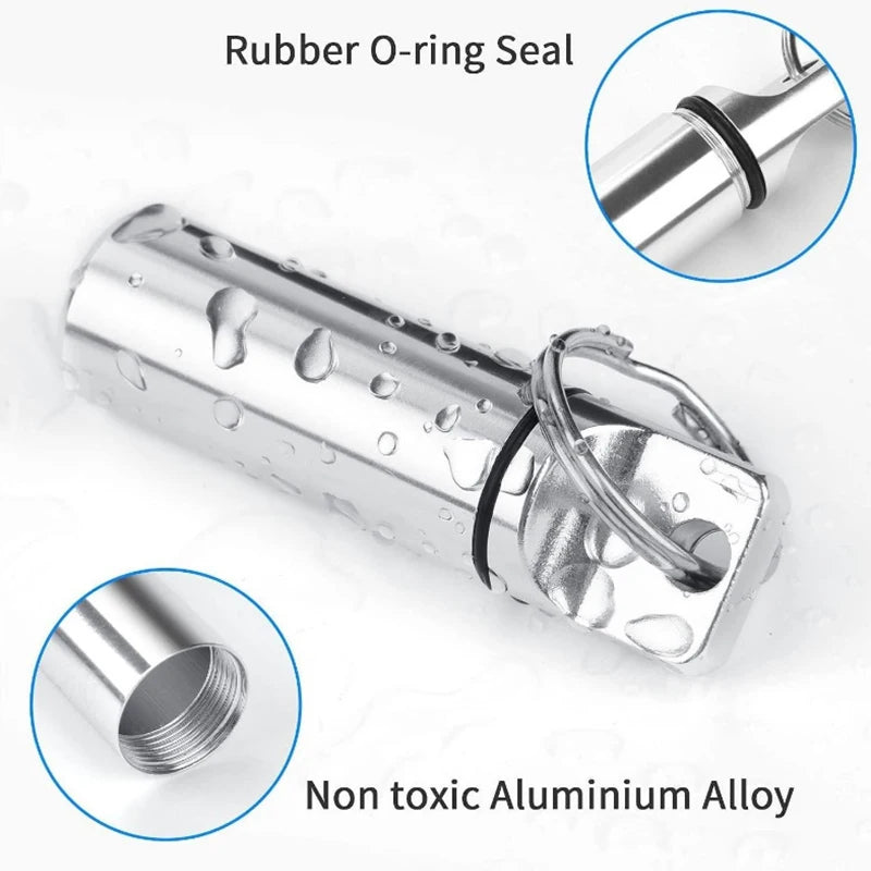 Aluminum Waterproof Pill Box Cases with Sealed Storage, Flat Head, Round Alloy Cartridge and Keychain for Vitamin Fish Oils