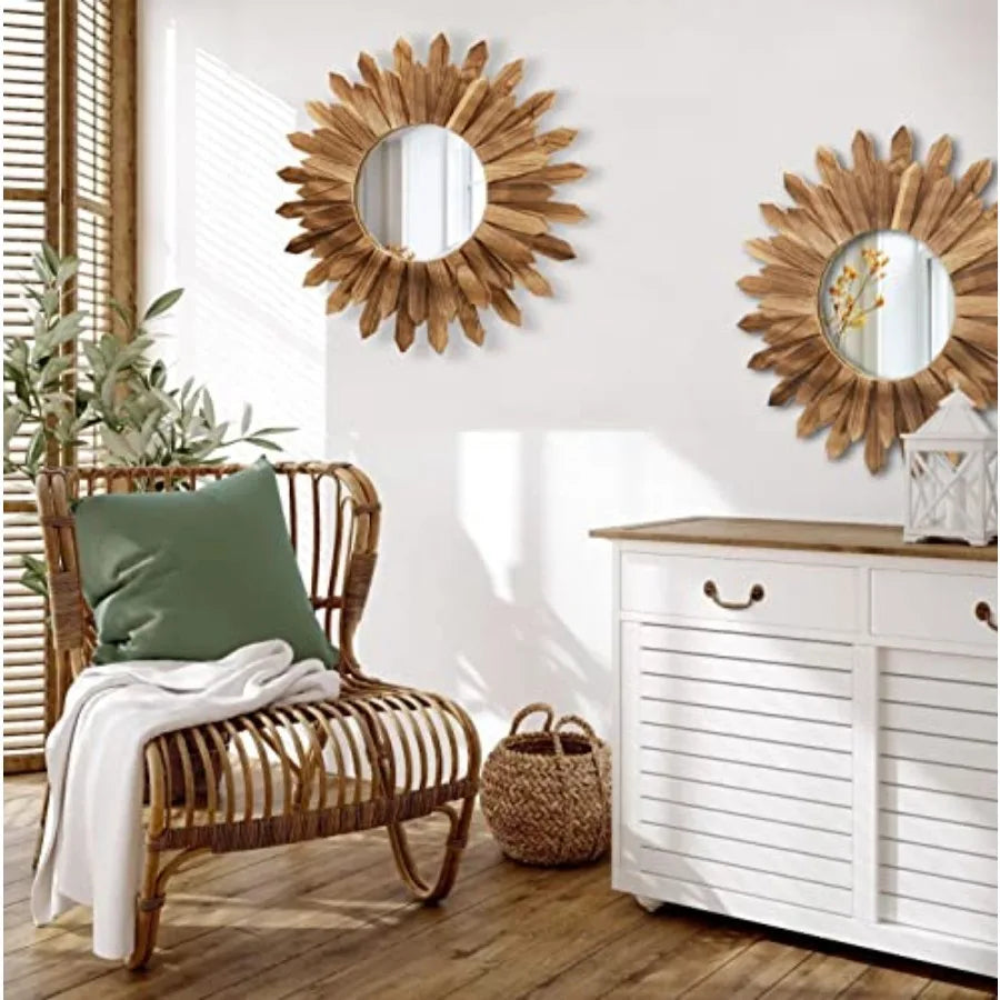 Boho Wall Sunburst Mirror 2 Pack Rustic Wood Decor