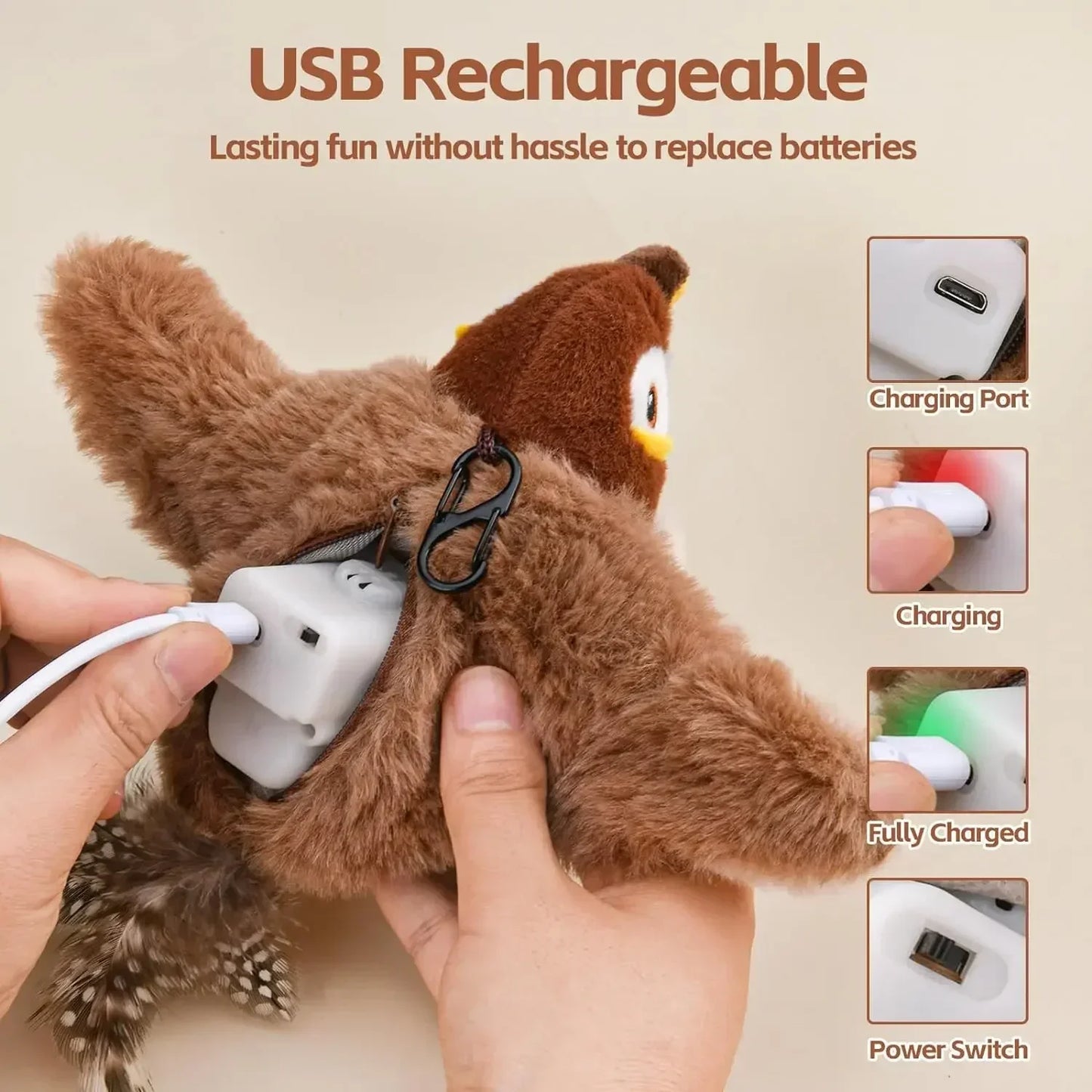 Bird Shaped Interactive Cat Toy Rechargeable Chirping Flapping Plush