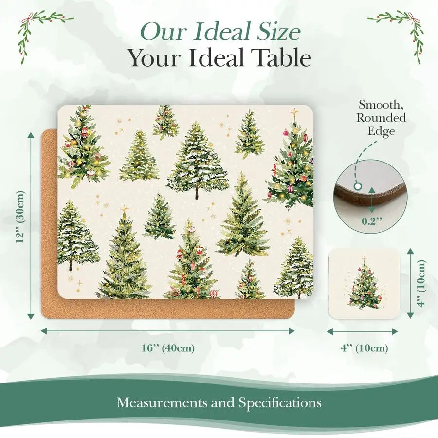 Placemats Set of 6 Matching Coasters I Heat Resistant Place Mats for Dining Table 16 x 12, Cork Backed, Wipeable Xmas Trees