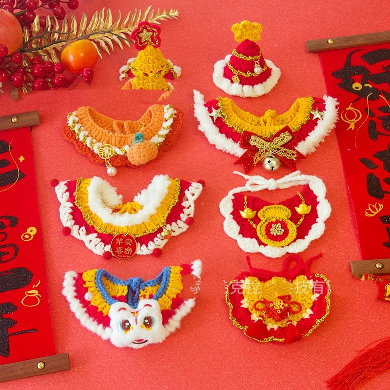 Christmas Cat Collars Hand-Knitted Pet Bibs Cute Santa Xmas Tree Decorative Scarf Cats Cosplay Costume Christmas Party Supplies