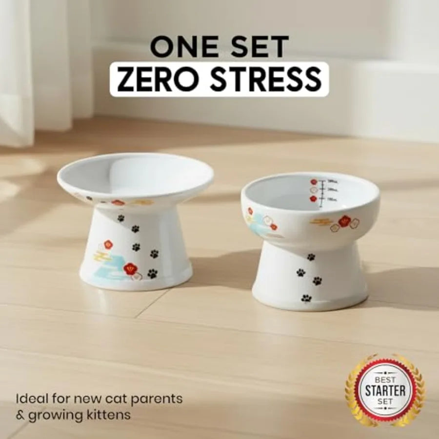 Raised Cat Food And Water Bowl Ceramic Elevated Design