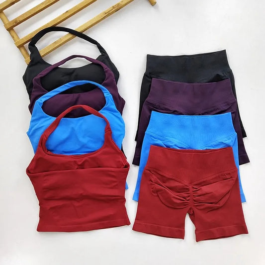 Yoga 2 Piece Gym Set For Women Backless Halter Top And High Waist Shorts