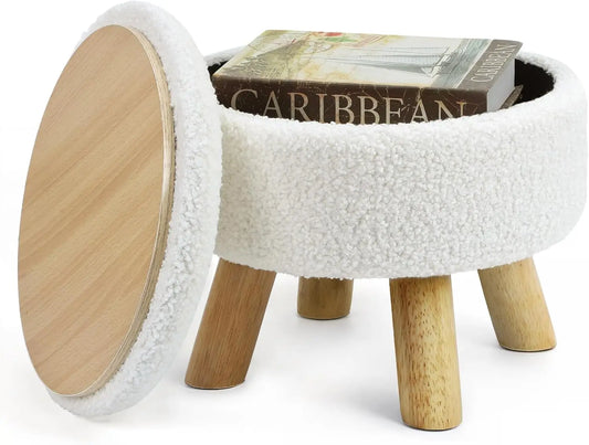 Ottoman Foot Rest, Small Round Ottoman with Storage, Boucle Teddy Velvet Footstool with Wood Legs, Soft Sponge Storage