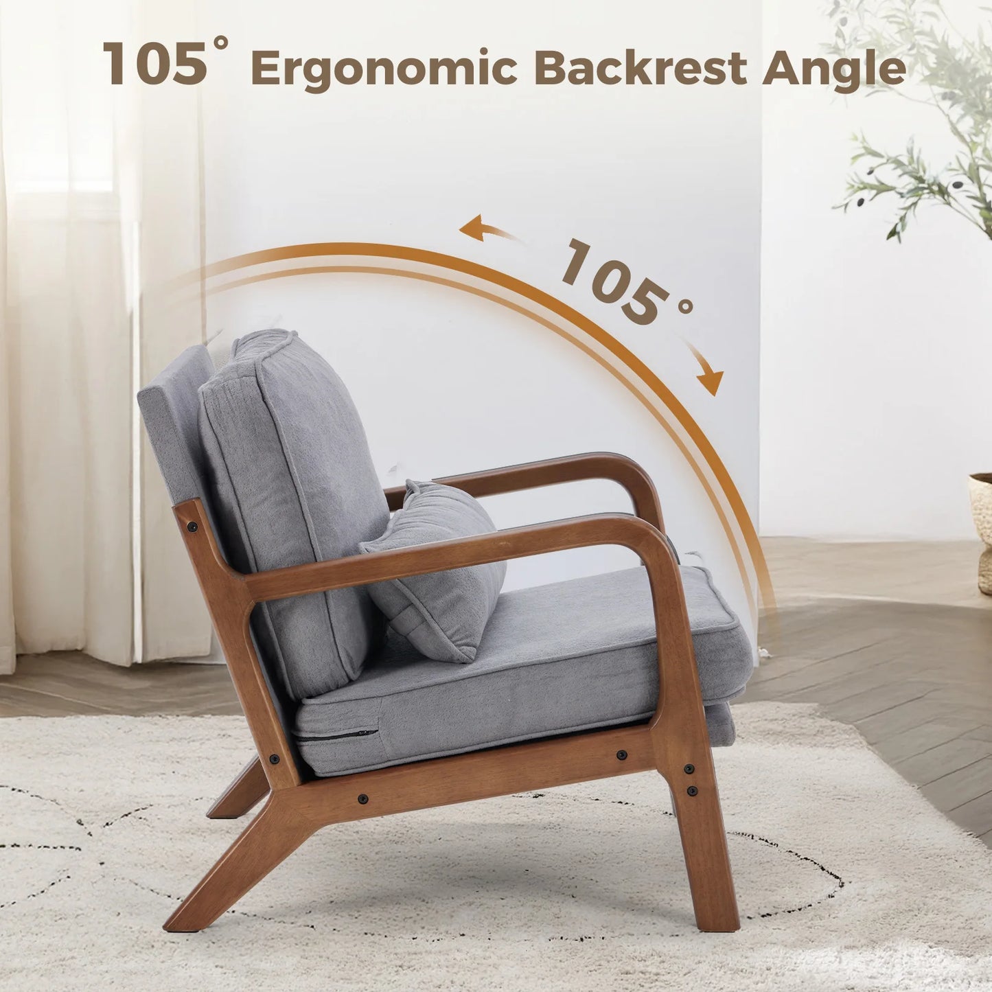 JHK Mid Century Modern Wood Frame Accent Chair With Armrests