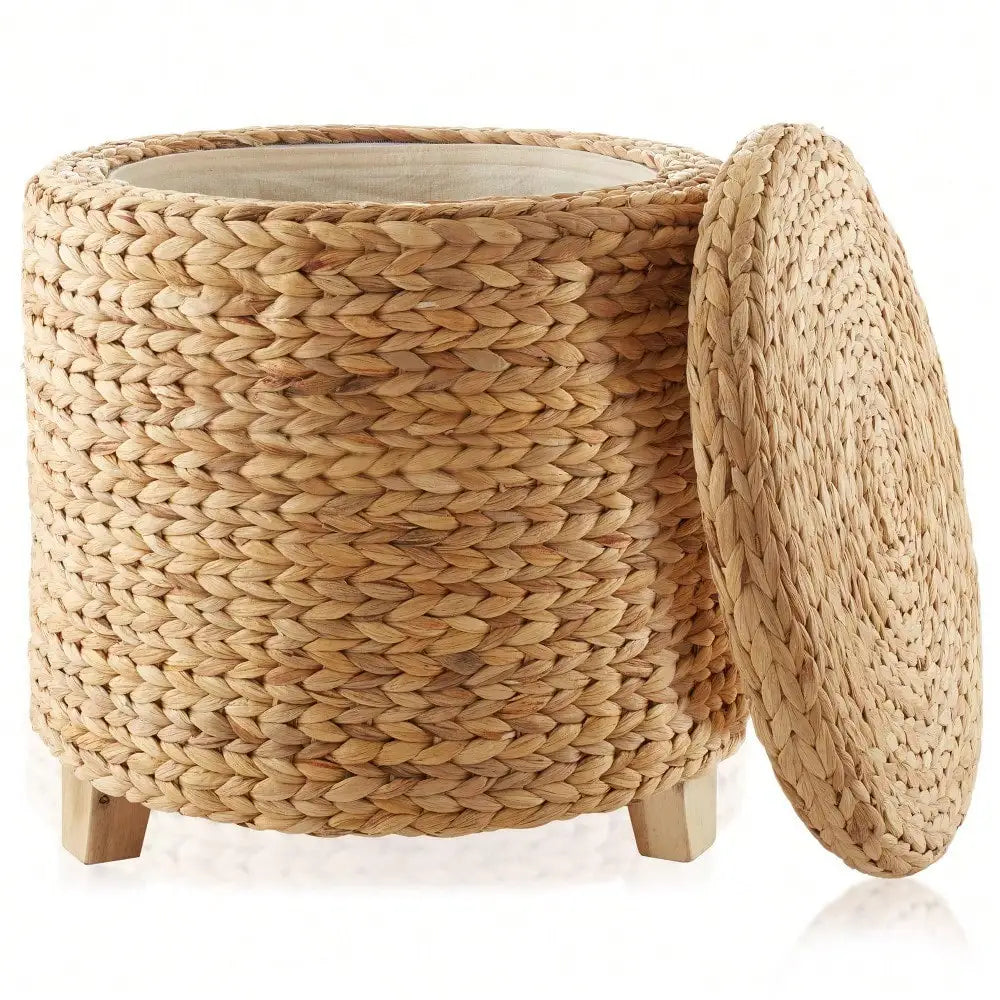 Round Storage Ottoman With Lid Handwoven Water Hyacinth Footstool Living Room