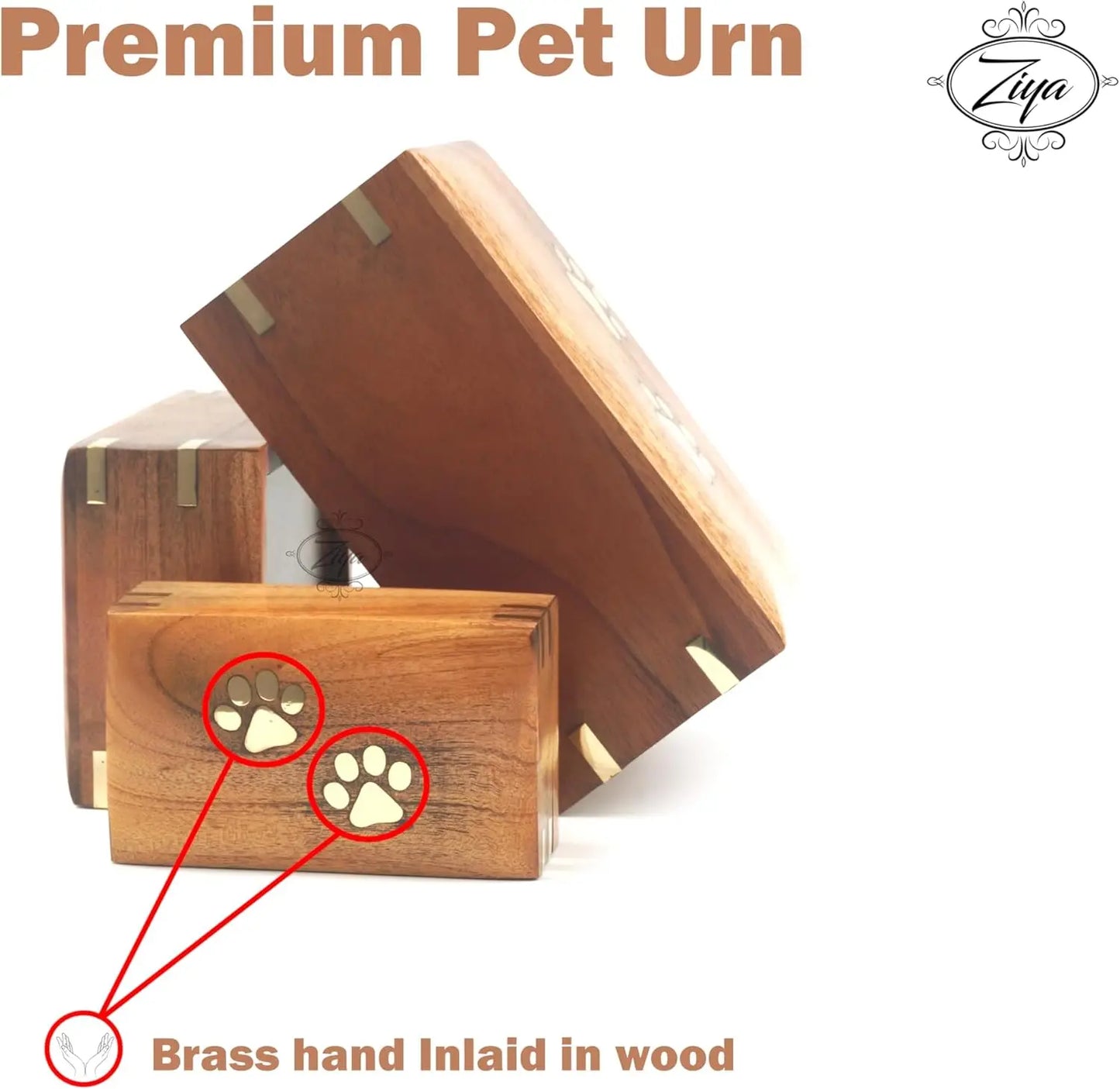 Handmade Wooden Pet Urn With Brass Paws Inlay For Ashes