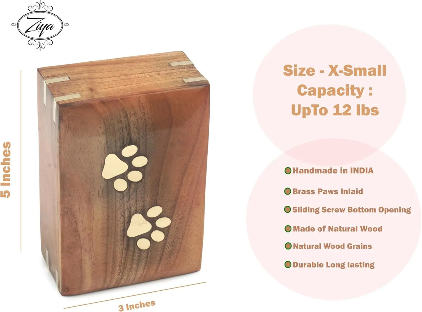 Handmade Wooden Pet Urn With Brass Paws Inlay For Ashes