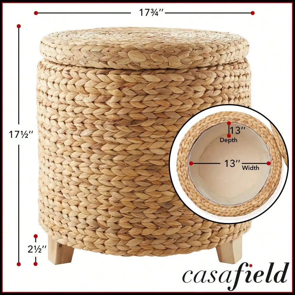Round Storage Ottoman With Lid Handwoven Water Hyacinth Footstool Living Room