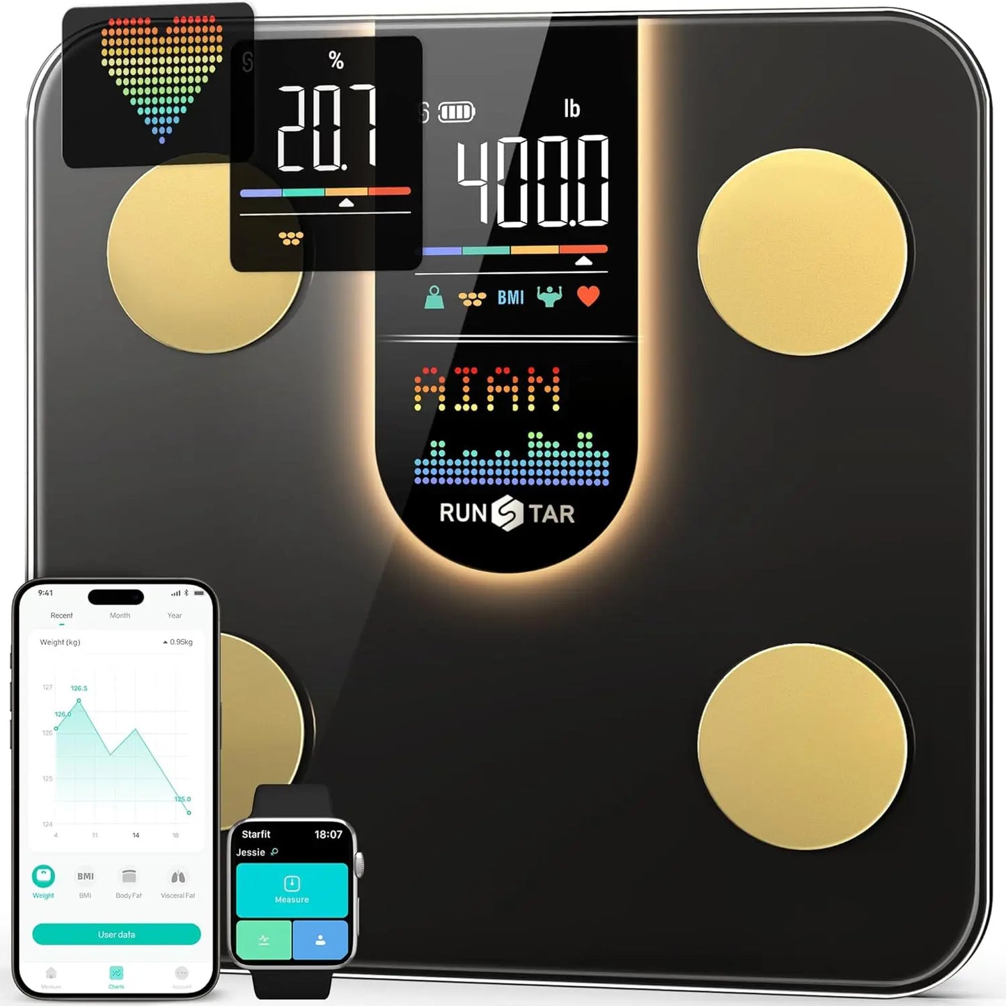 Smart Scale with 8-in-1 VA Display, High Precision Bathroom Digital Scale for Body Weight Heart Rate BMI Body Fat Sync APP