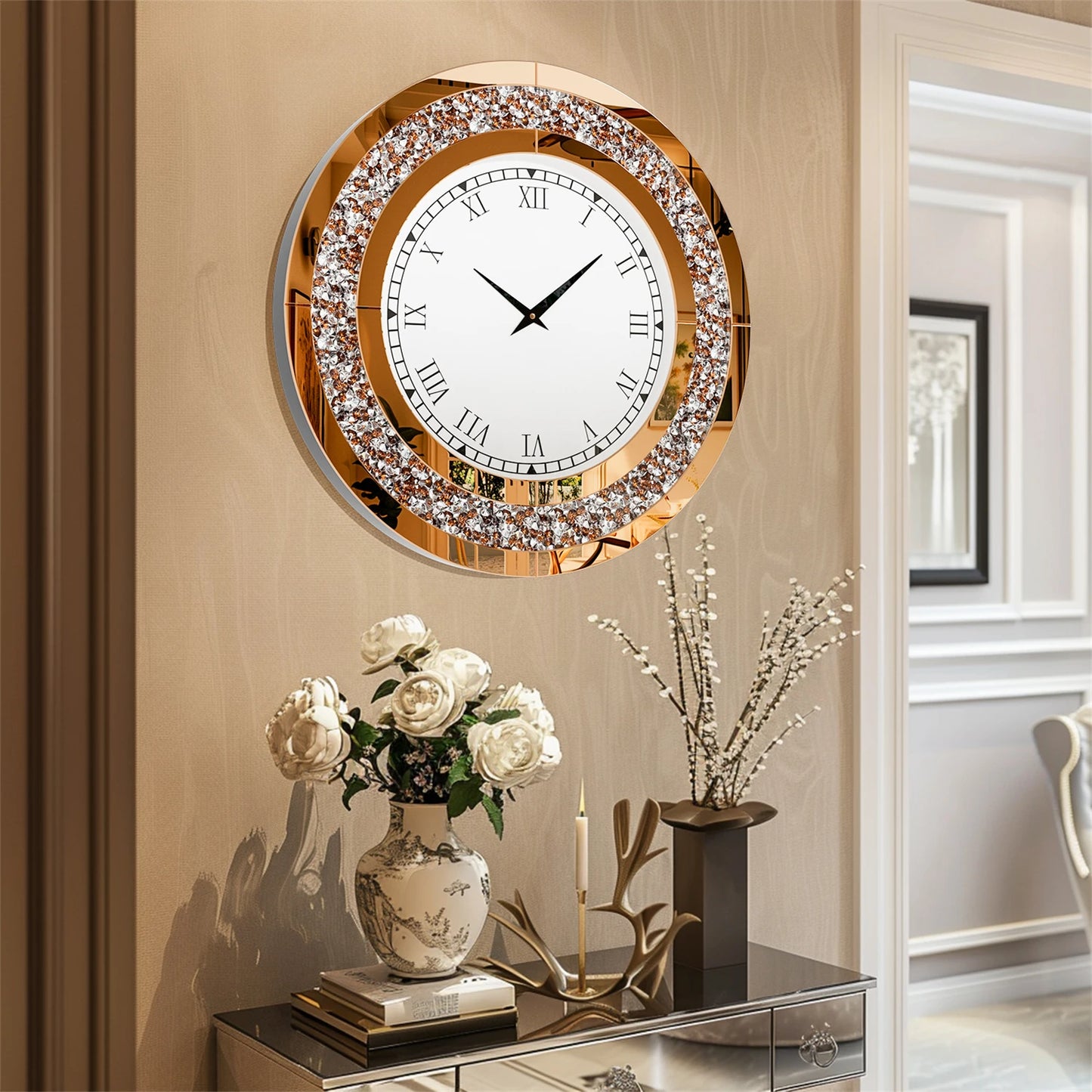 Bling Round Mirror Wall Clock For Glam Home Decor Accent