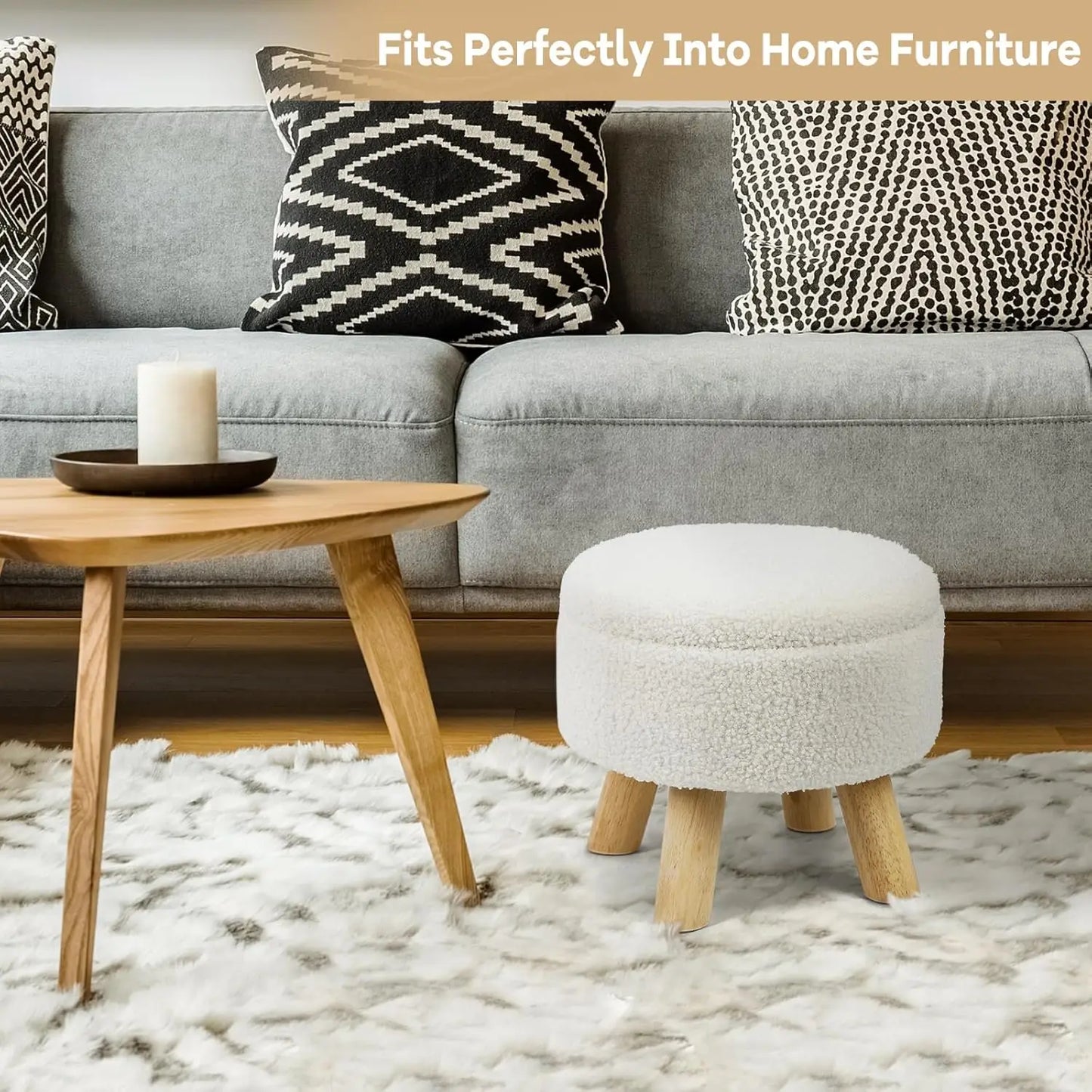 Ottoman Foot Rest, Small Round Ottoman with Storage, Boucle Teddy Velvet Footstool with Wood Legs, Soft Sponge Storage