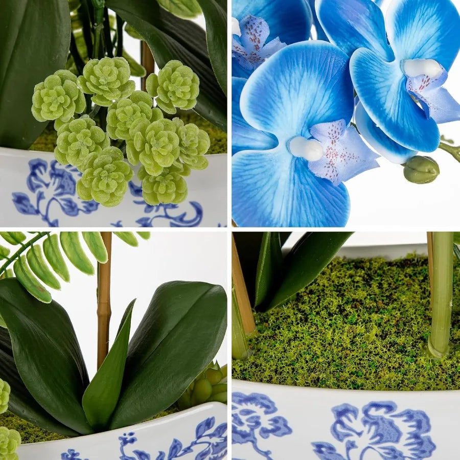 18inch Blue Orchid Artificial Flowers with Blue and White Ceramic Pot Faux Silk Orchid Arrangement for Home Office Room Dining