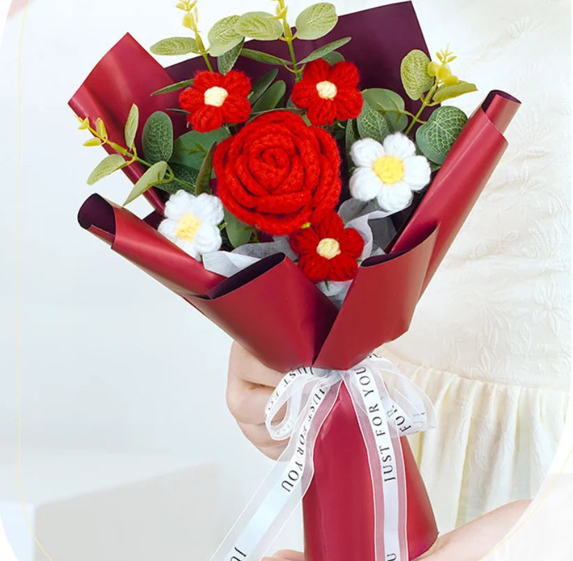 Handmade Crochet Red Rose Flowers Bouquet, Crochet Flower Bouquets for Mother's Day, Valentine's Day, Anniversary, Birthday