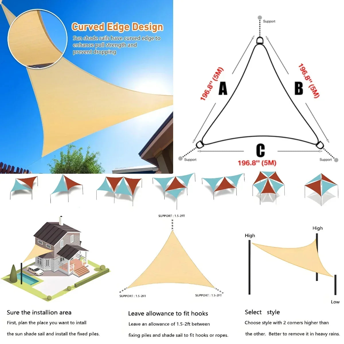 Triangle Sun Shade Sail Canopy UV Block Sunsail With Rope