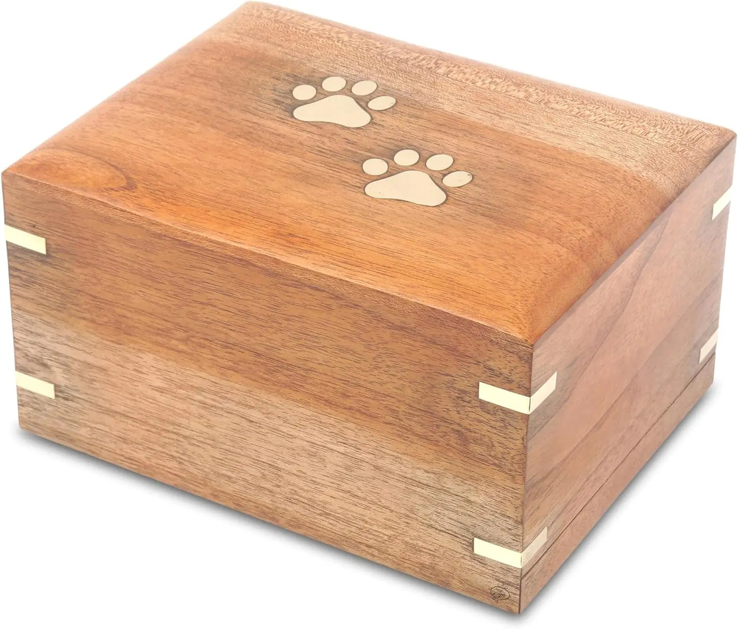 Handmade Wooden Pet Urn With Brass Paws Inlay For Ashes