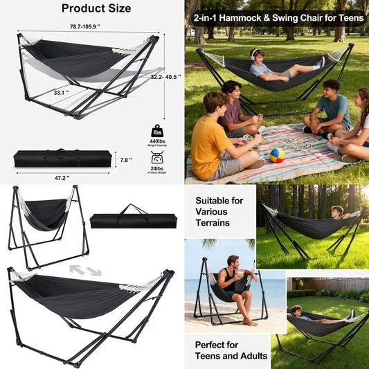 2-in-1 Hammock & Swing Chair or Teens – Adjustable olding Chair with Collapsible Steel Stand, Portable or Camping, Travel, Patio