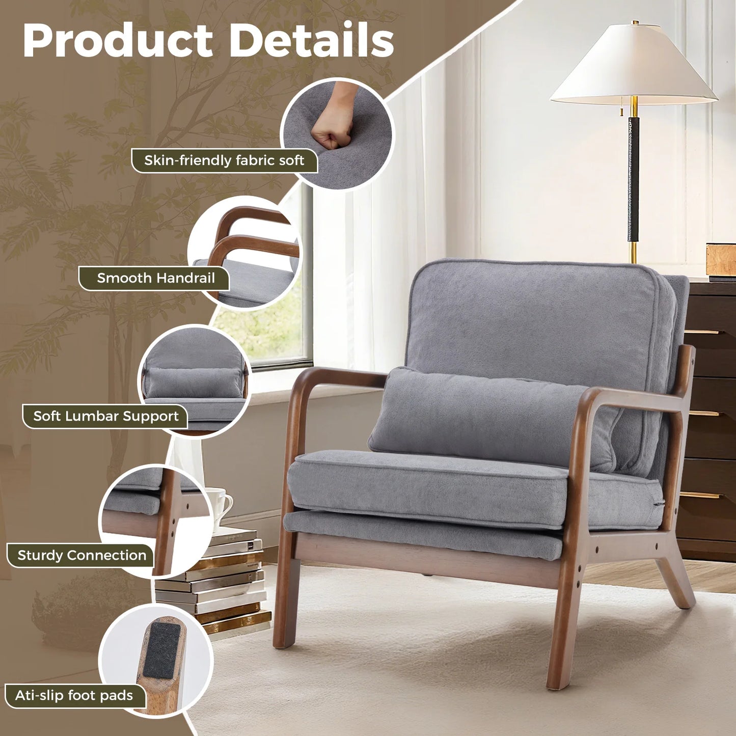 JHK Mid Century Modern Wood Frame Accent Chair With Armrests