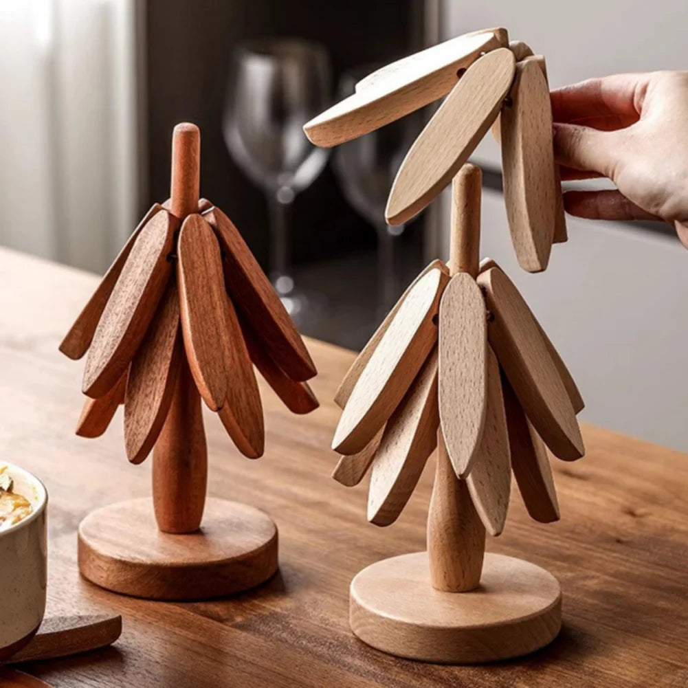 4PCS Tree Design Stand Wooden Trivets Decorative Anti Scald Heat Resistant Table Mat Coaster Wood Placemats Pot