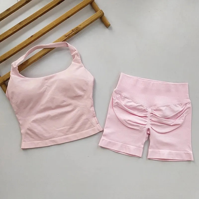 Yoga 2 Piece Gym Set For Women Backless Halter Top And High Waist Shorts