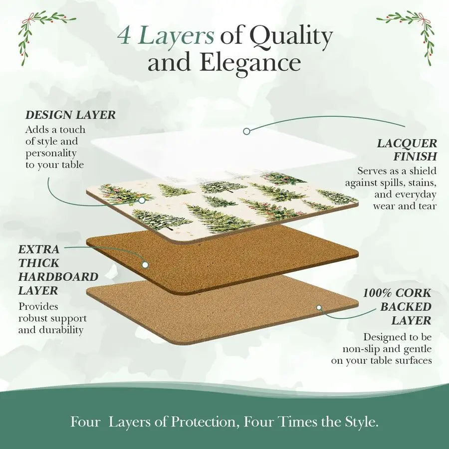 Placemats Set of 6 Matching Coasters I Heat Resistant Place Mats for Dining Table 16 x 12, Cork Backed, Wipeable Xmas Trees
