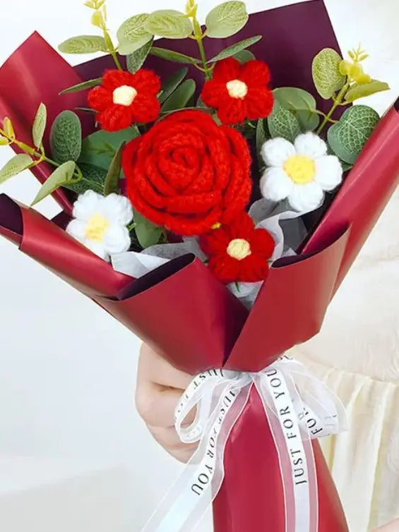 Handmade Crochet Red Rose Flowers Bouquet, Crochet Flower Bouquets for Mother's Day, Valentine's Day, Anniversary, Birthday