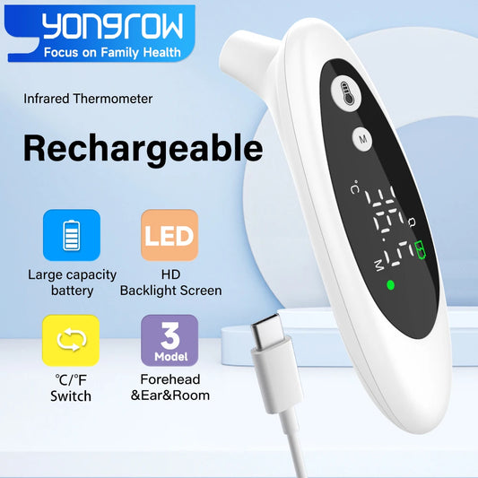 Yongrow Rechargeable Infrared thermometer Forehead/ear/room temperature three modes 32 memory and alarm lights Ear thermometer