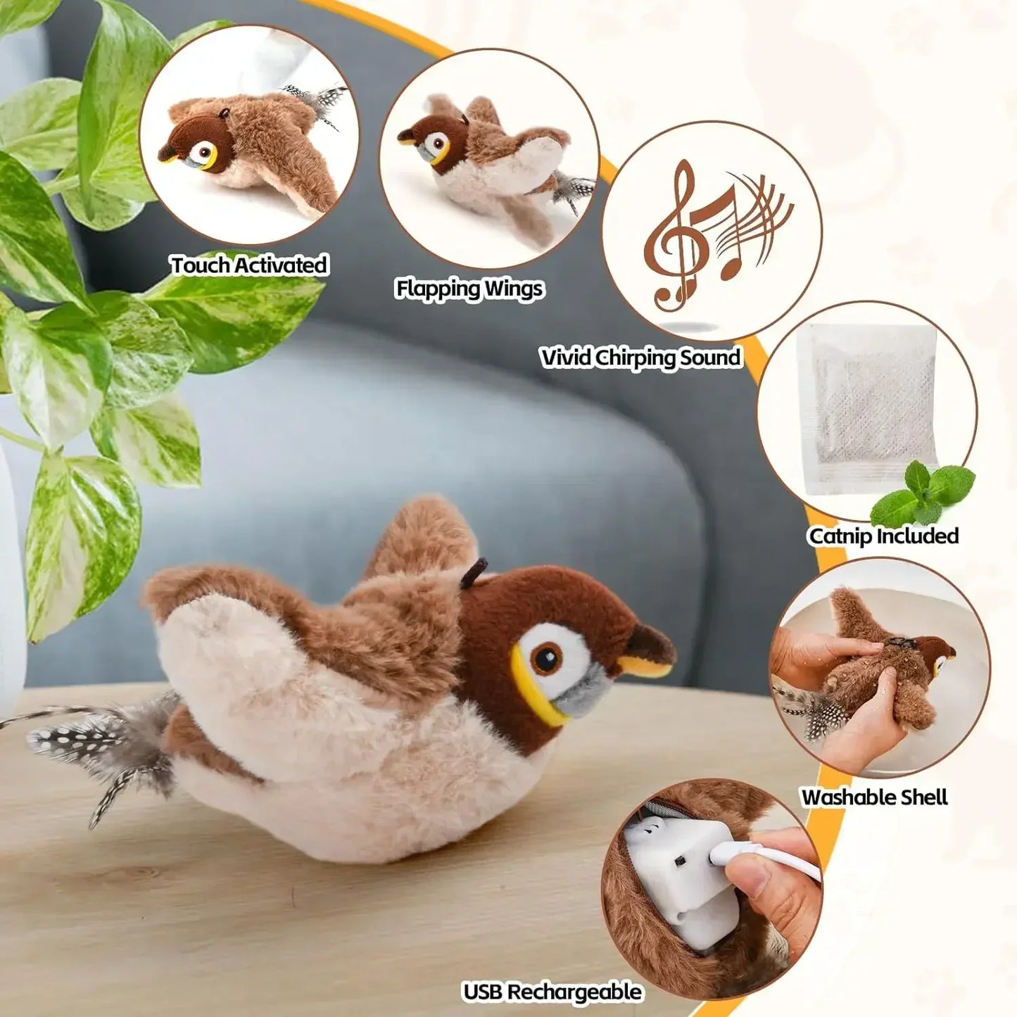 Bird Shaped Interactive Cat Toy Rechargeable Chirping Flapping Plush
