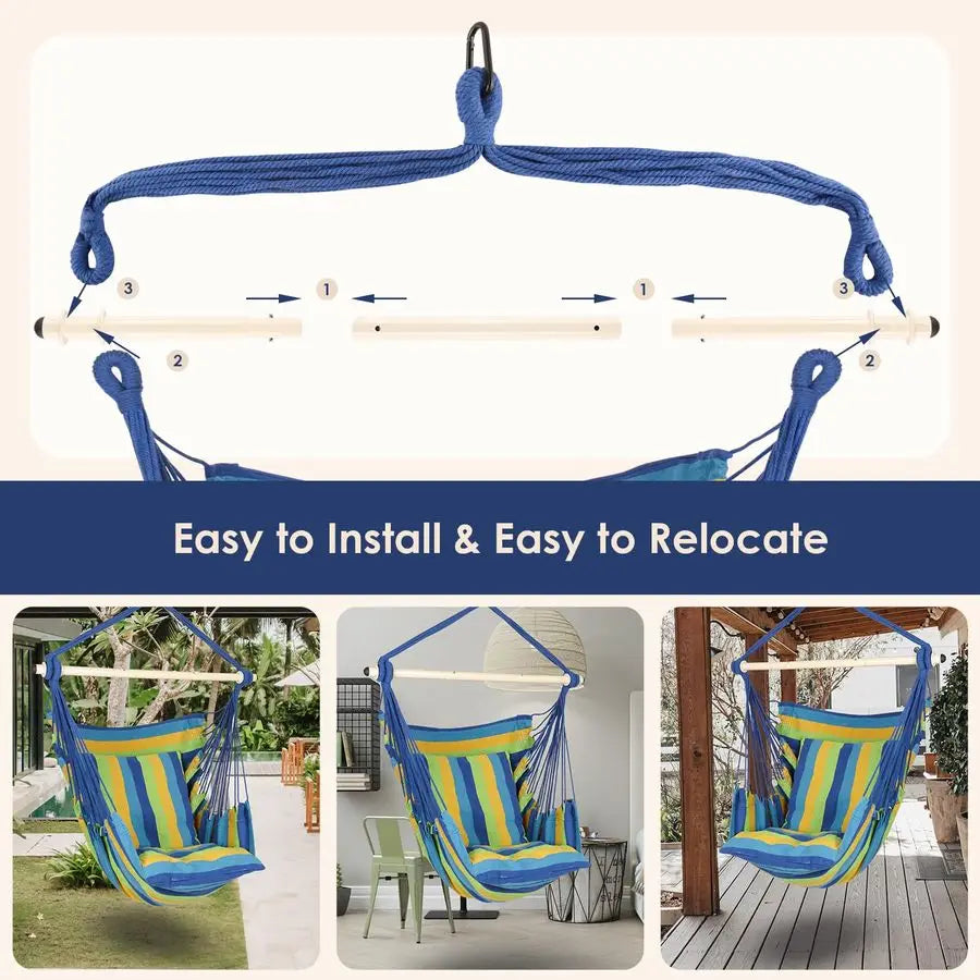 Hammock Chair Hanging Rope Swing Max 500 Lbs 2 Cushions Included Steel Spreader Bar with AntiSlip Rings for Any Indoor or Outdoo