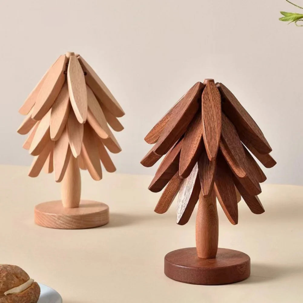 4PCS Tree Design Stand Wooden Trivets Decorative Anti Scald Heat Resistant Table Mat Coaster Wood Placemats Pot