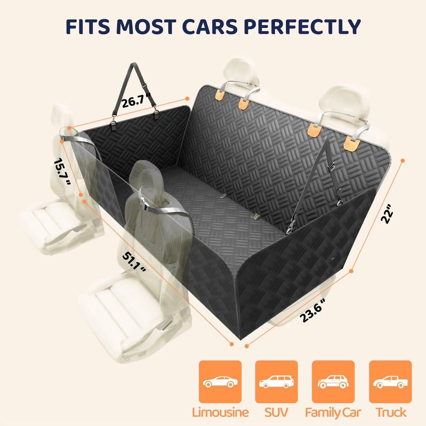 Car Rear Seat Dog Hammock Cover 600D Heavy Duty Extender
