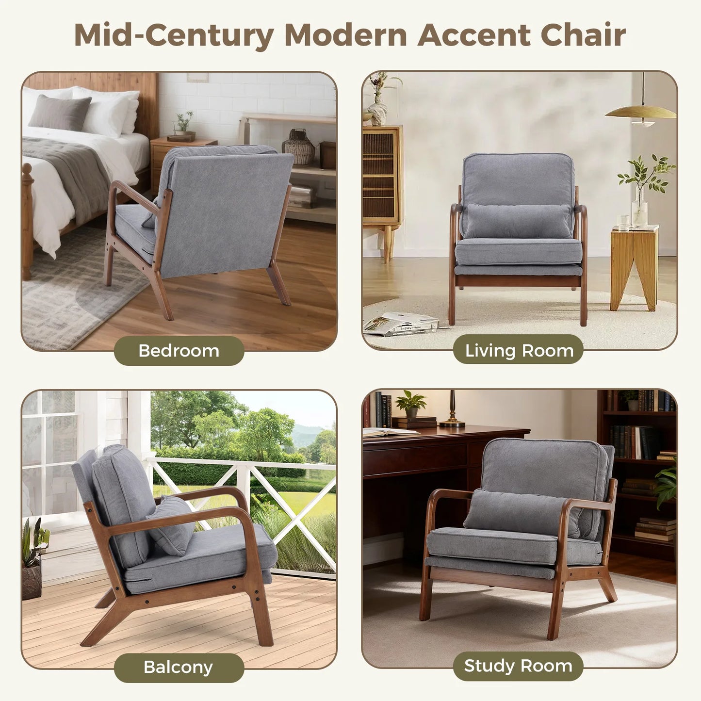 JHK Mid Century Modern Wood Frame Accent Chair With Armrests