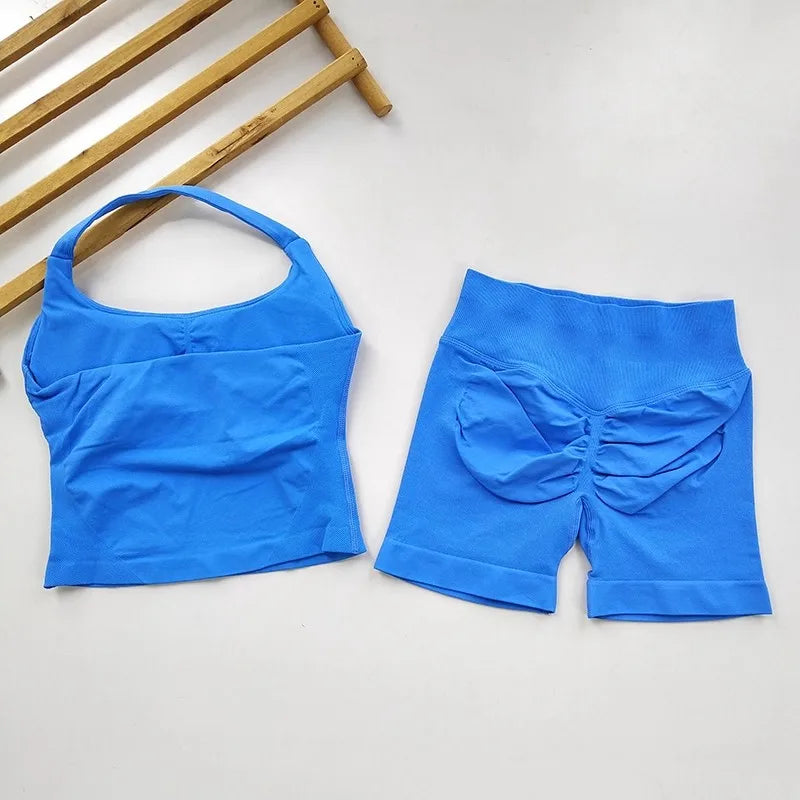Yoga 2 Piece Gym Set For Women Backless Halter Top And High Waist Shorts