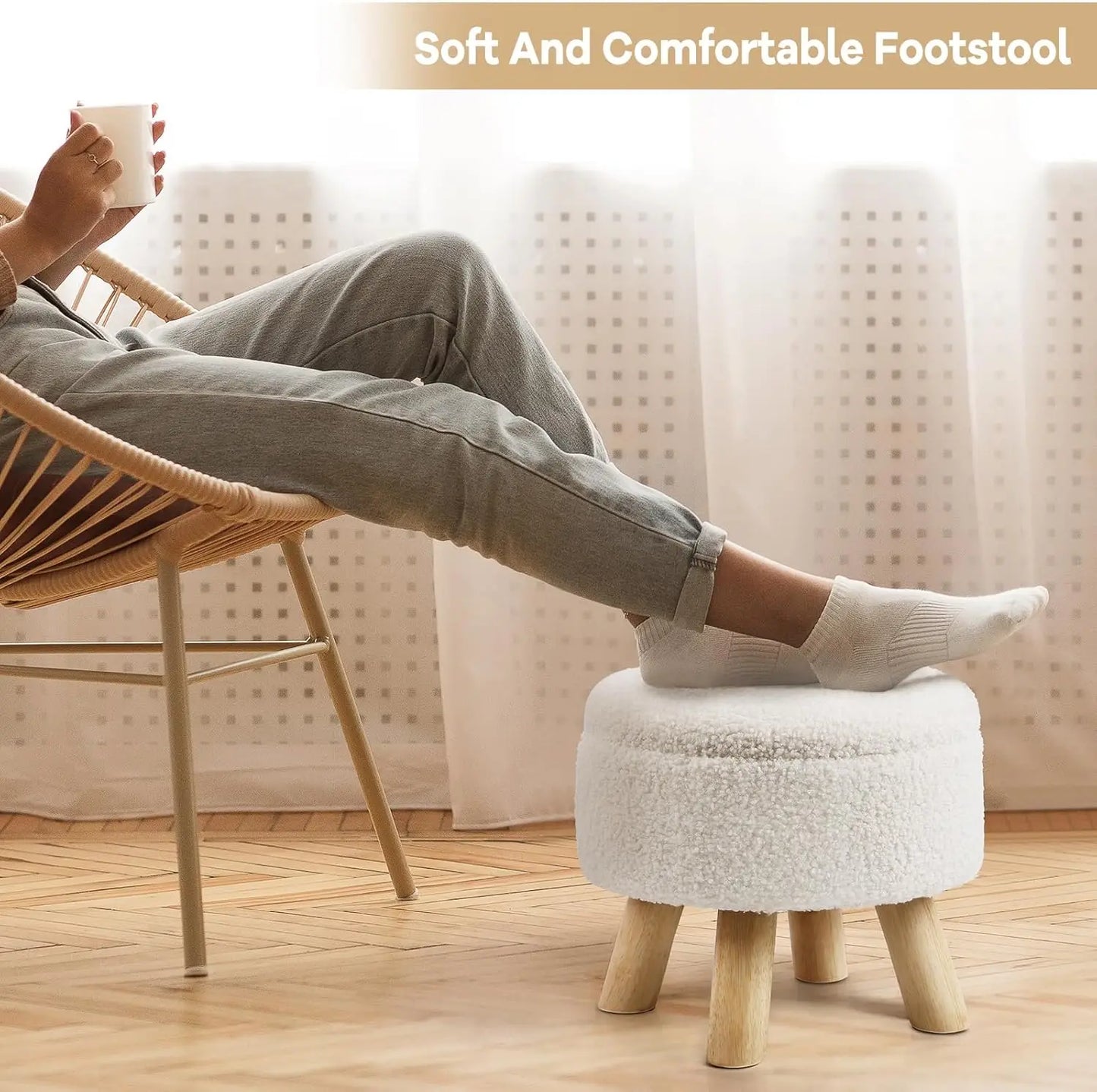 Ottoman Foot Rest, Small Round Ottoman with Storage, Boucle Teddy Velvet Footstool with Wood Legs, Soft Sponge Storage