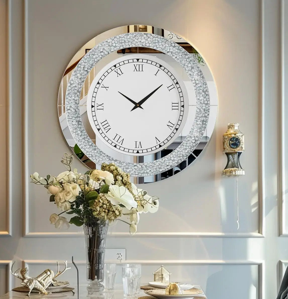 Bling Round Mirror Wall Clock For Glam Home Decor Accent