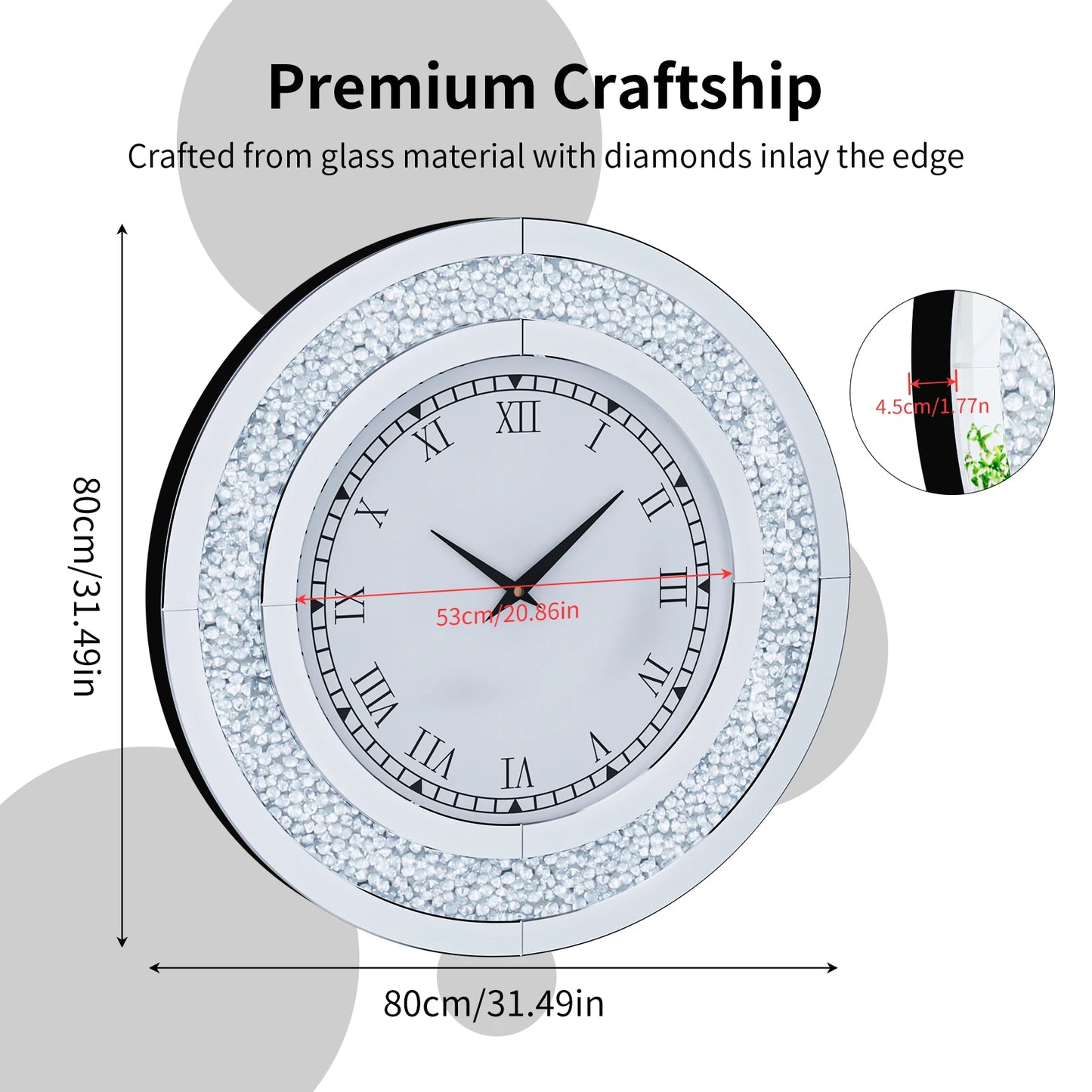 Bling Round Mirror Wall Clock For Glam Home Decor Accent