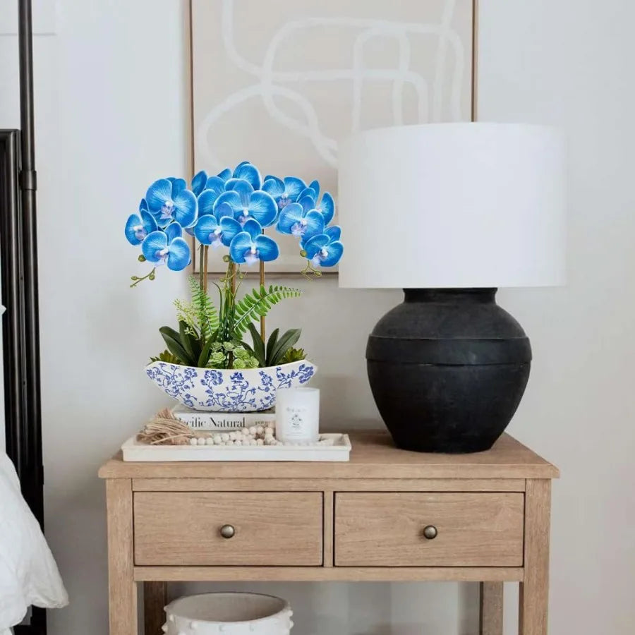 18inch Blue Orchid Artificial Flowers with Blue and White Ceramic Pot Faux Silk Orchid Arrangement for Home Office Room Dining